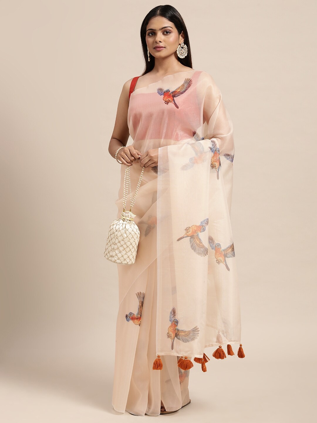 

Janasya Beige & Blue Ethnic Motifs Organza Saree