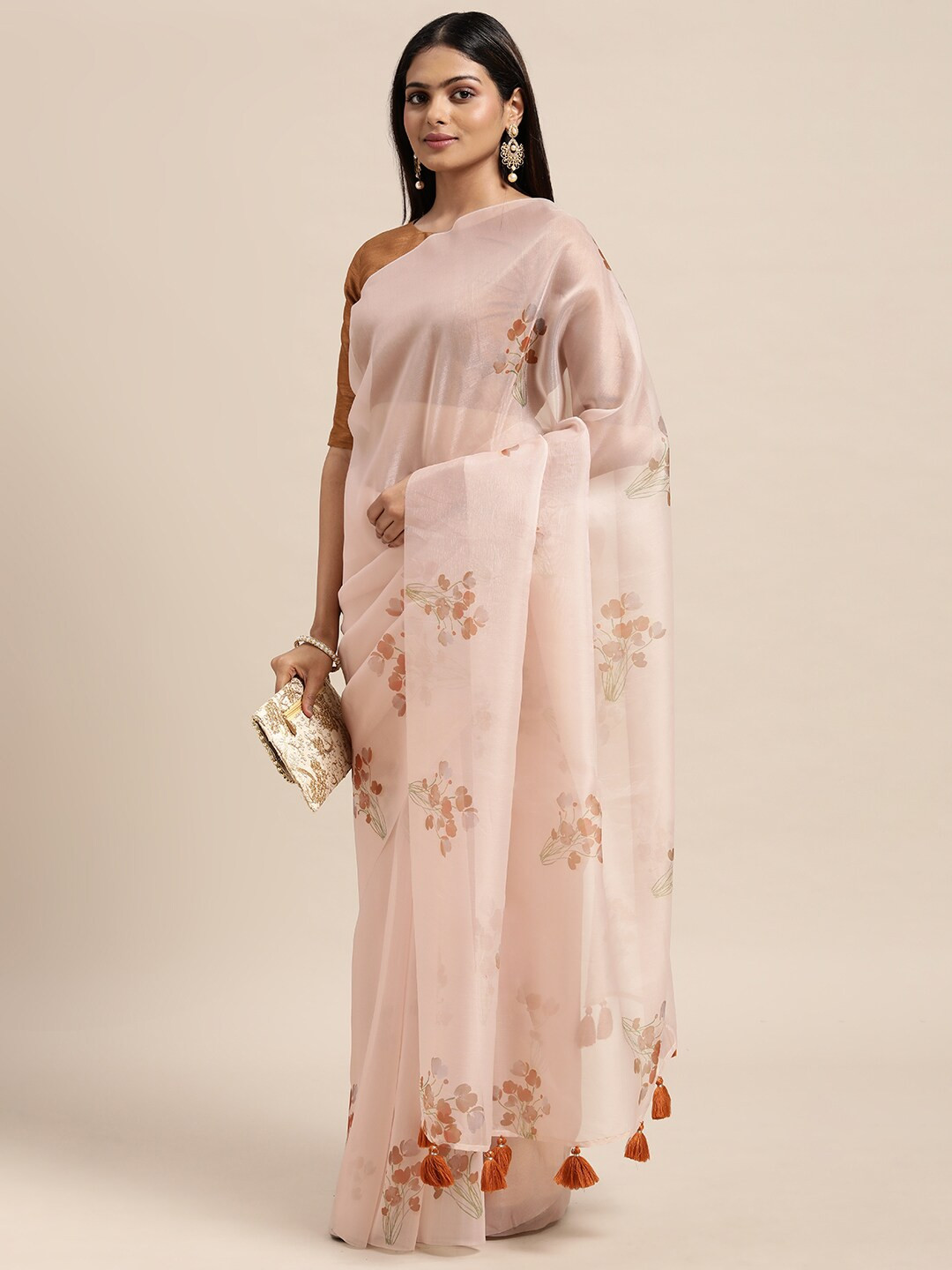 

Janasya Beige & Brown Floral Organza Saree