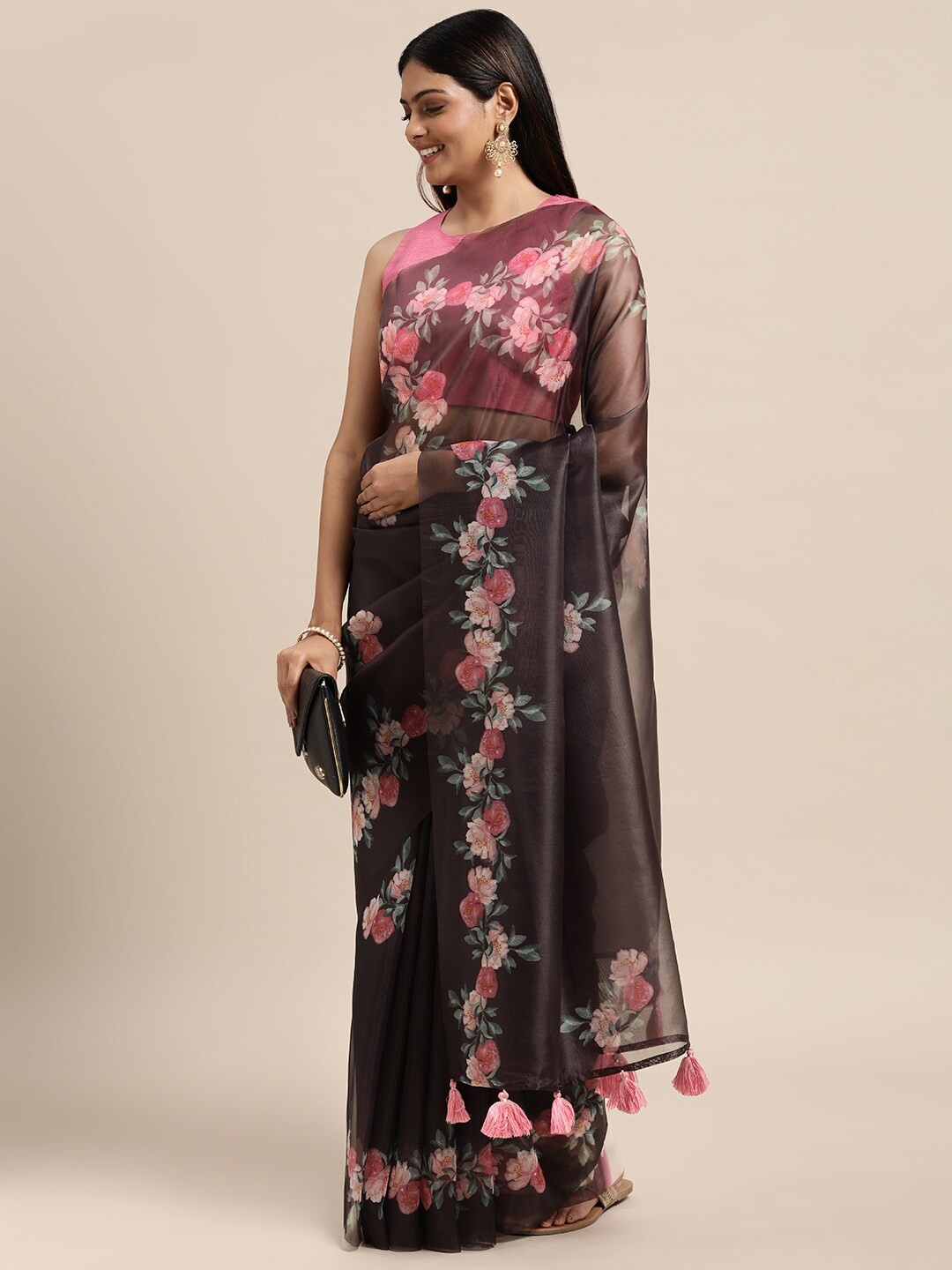 

Janasya Purple Floral Organza Saree