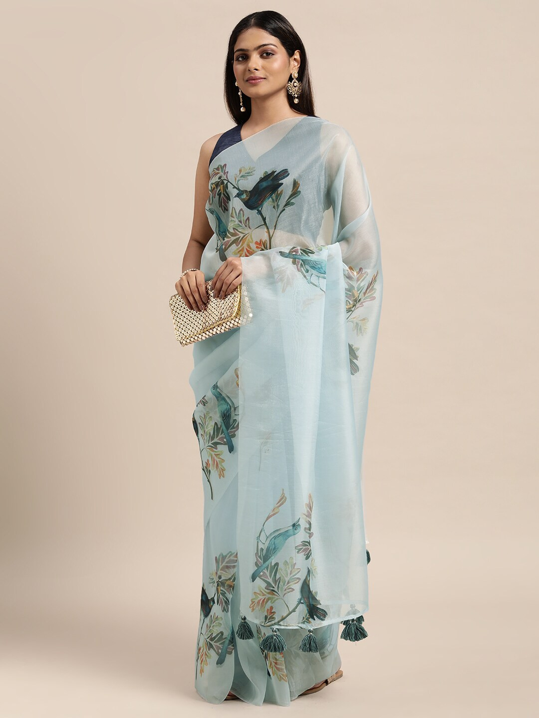 

Janasya Blue Ethnic Motifs Organza Saree