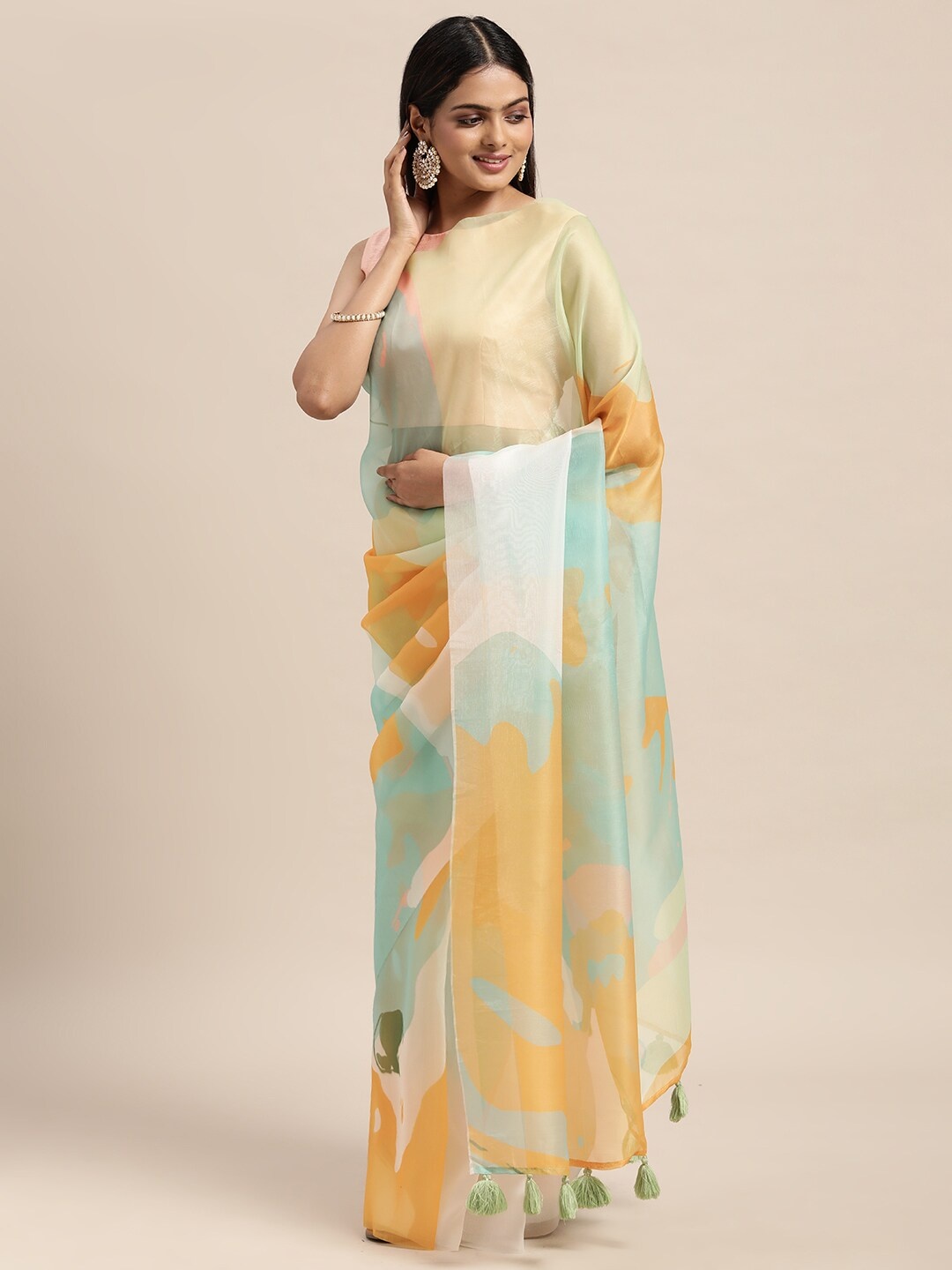 

Janasya Multicoloured Printed Organza Saree, Multi