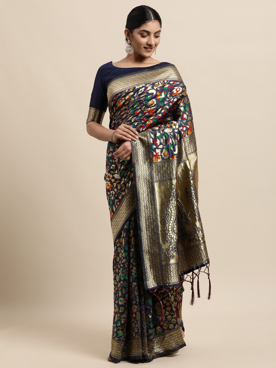 

Janasya Blue Floral Woven Design Silk Blend Heavy Work Banarasi Saree