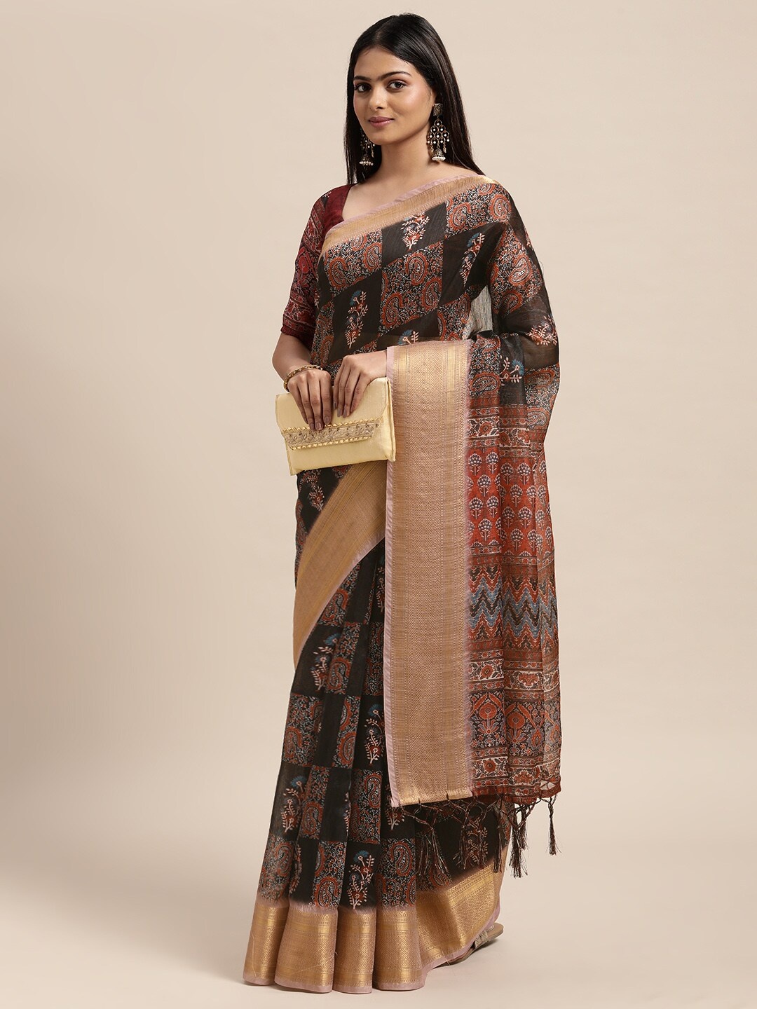 

Janasya Black & Maroon Ethnic Motifs Zari Silk Blend Chanderi Saree