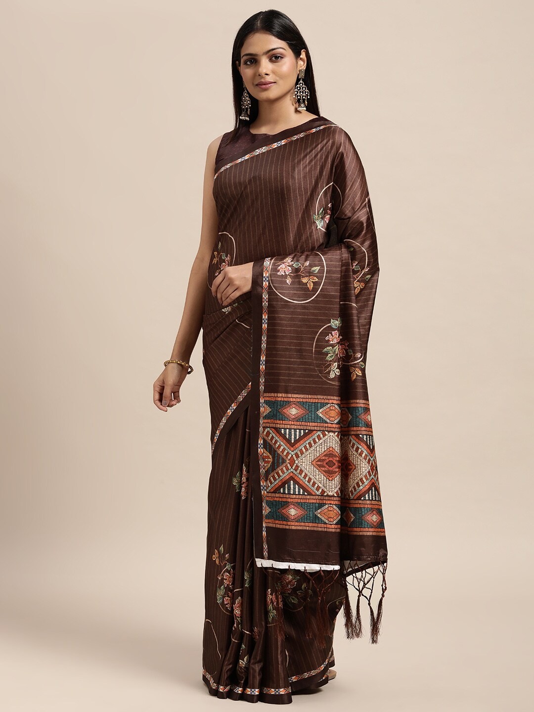 

Janasya Brown Floral Satin Bagh Saree