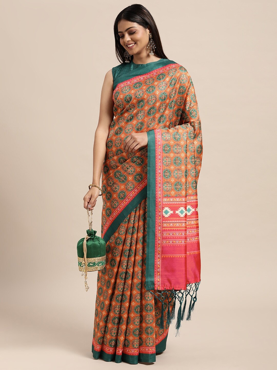 

Janasya Orange & Green Ethnic Motifs Silk Blend Bhagalpuri Saree