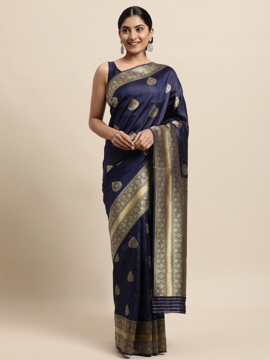 

Janasya Blue Ethnic Motifs Woven Design Silk Blend Heavy Work Banarasi Saree