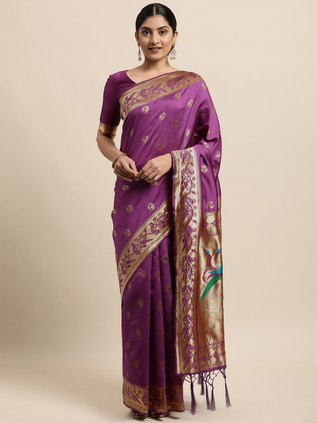 

Janasya Purple Ethnic Motifs Woven Design Silk Cotton Heavy Work Kanjeevaram Saree