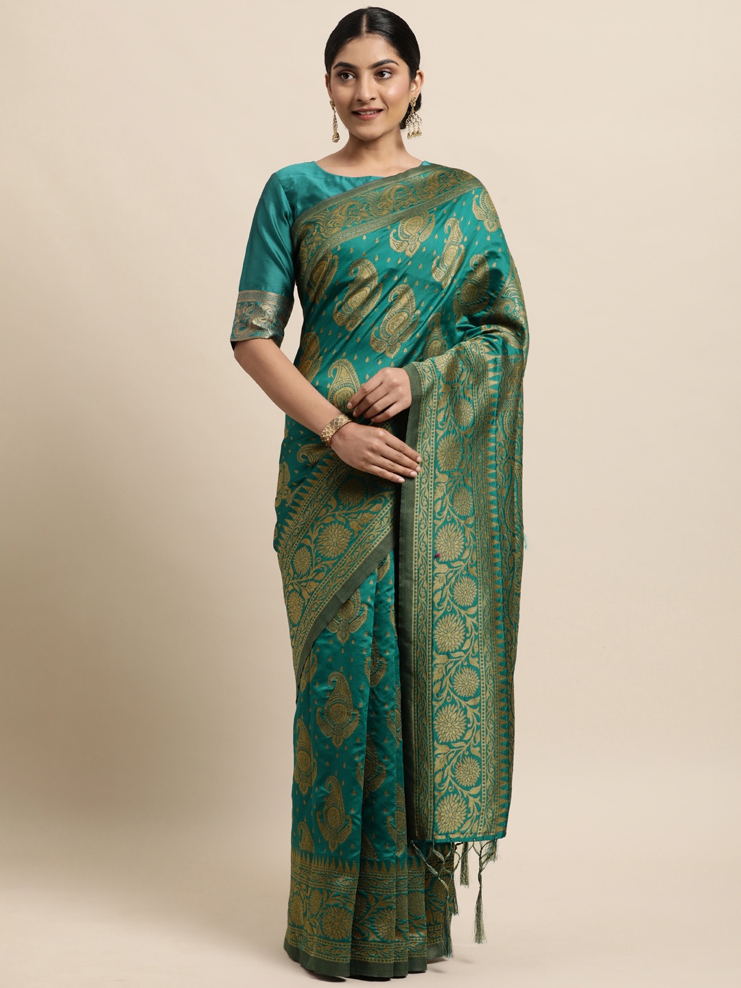 

Janasya Green Paisley Woven Design Silk Blend Heavy Work Banarasi Saree