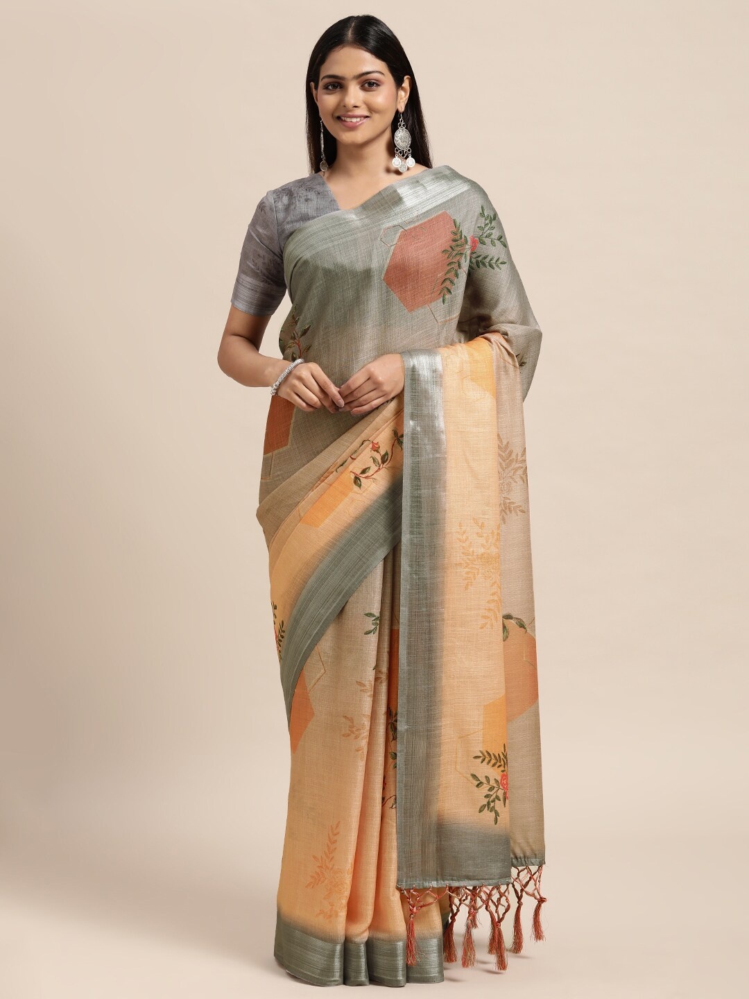 

Janasya Orange & Grey Floral Print Linen Blend Saree