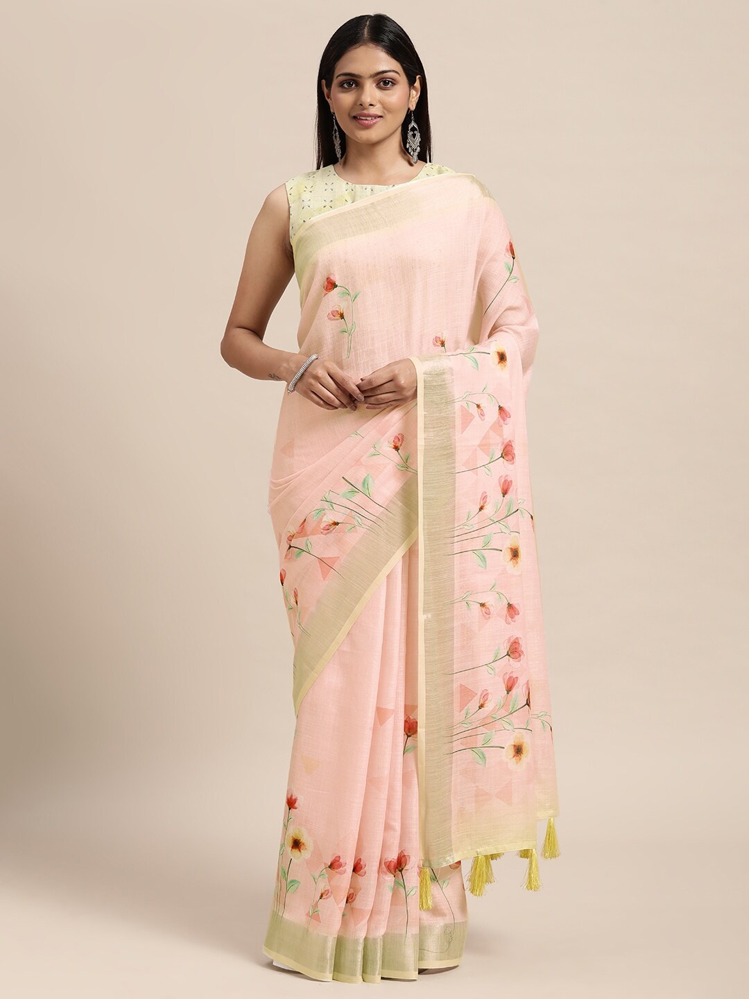 

Janasya Pink Floral Print Linen Blend Saree