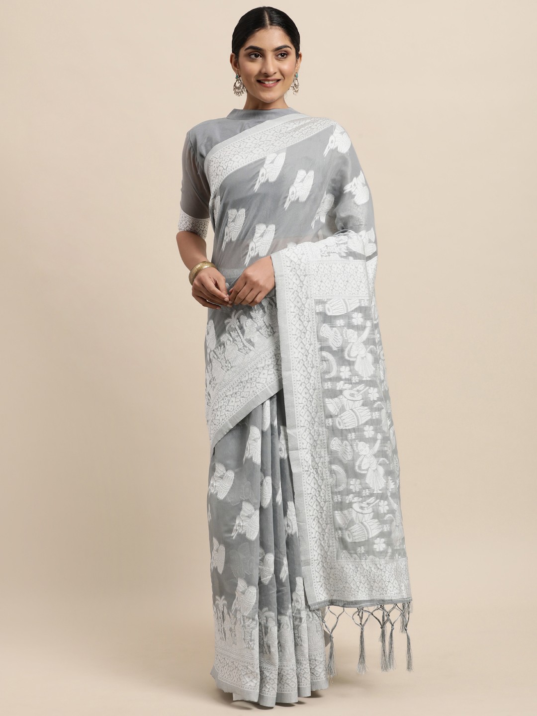 

Janasya Grey Woven Design Linen Blend Heavy Work Banarasi Saree