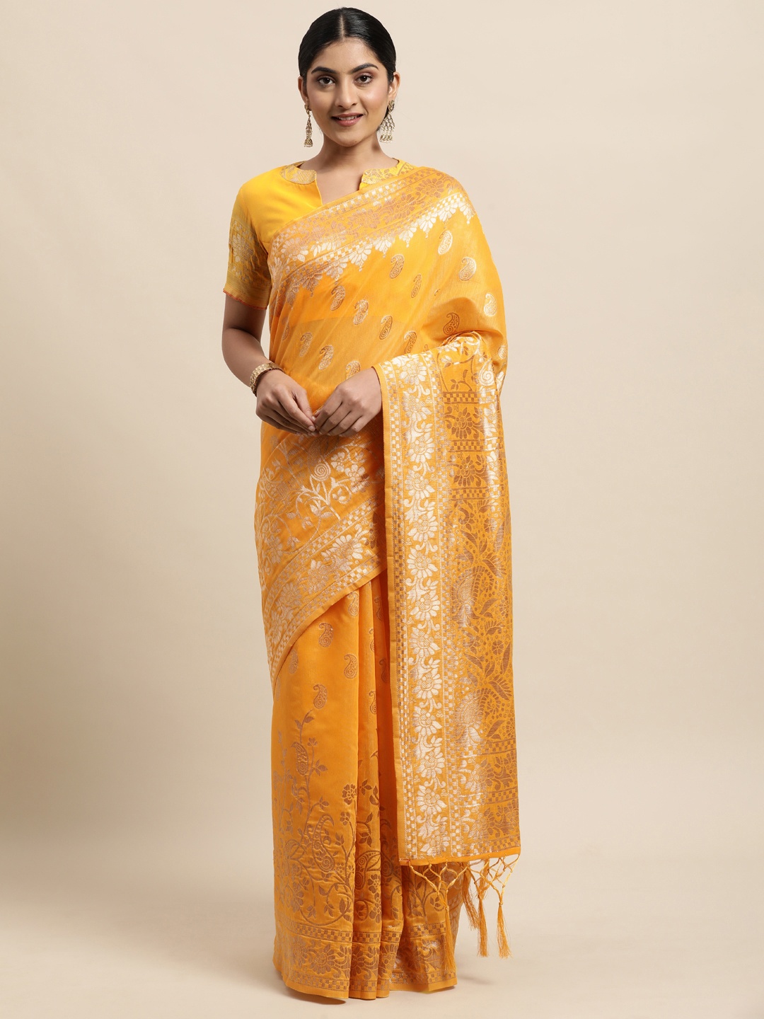 

Janasya Yellow Paisley Woven Design Linen Blend Heavy Work Kanjeevaram Saree
