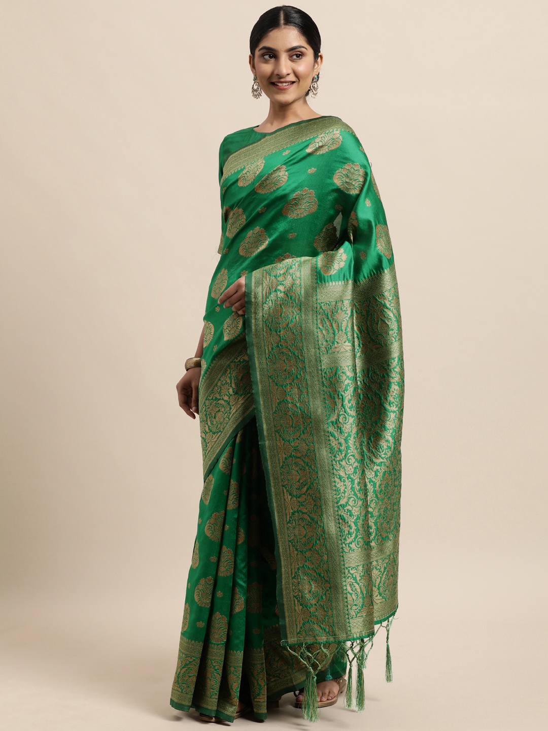 

Janasya Green Woven Design Silk Blend Heavy Work Banarasi Saree