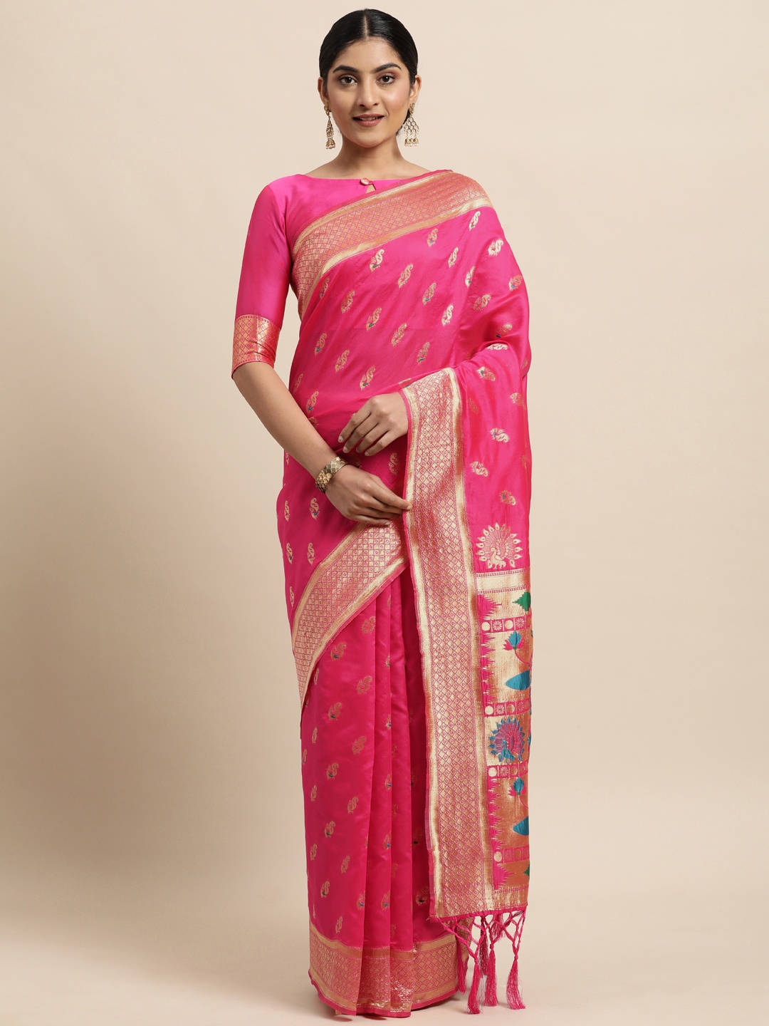 

Janasya Pink Paisley Woven Design Silk Cotton Heavy Work Kanjeevaram Saree