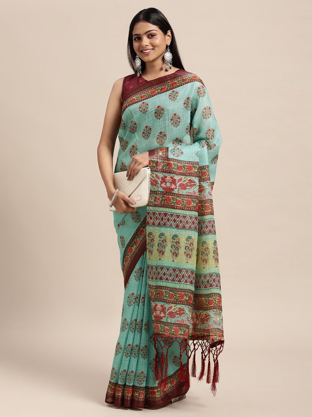 

Janasya Turquoise Blue & Maroon Floral Print Linen Blend Saree