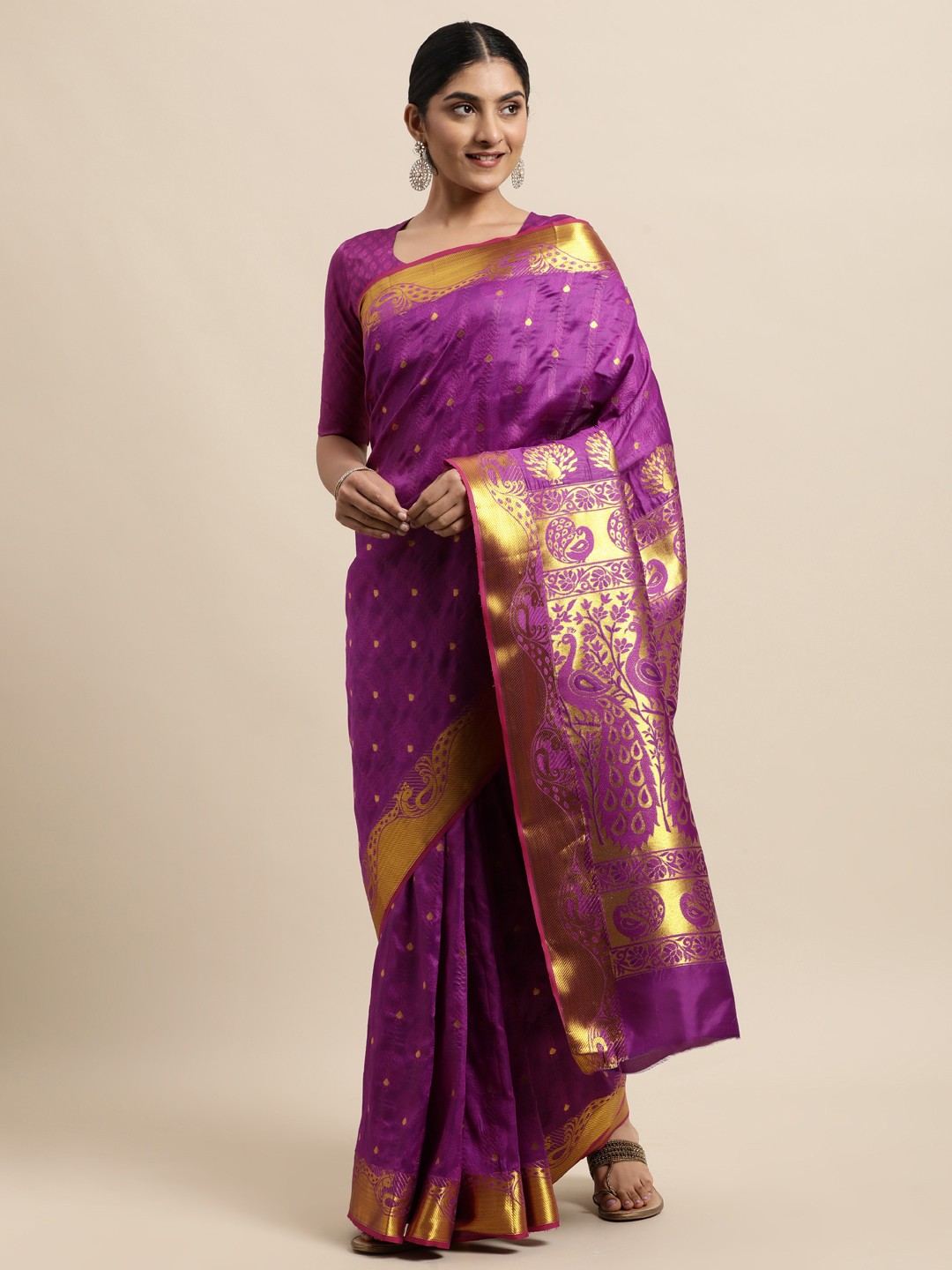 

Janasya Purple Ethnic Motifs Woven Design Silk Cotton Heavy Work Saree