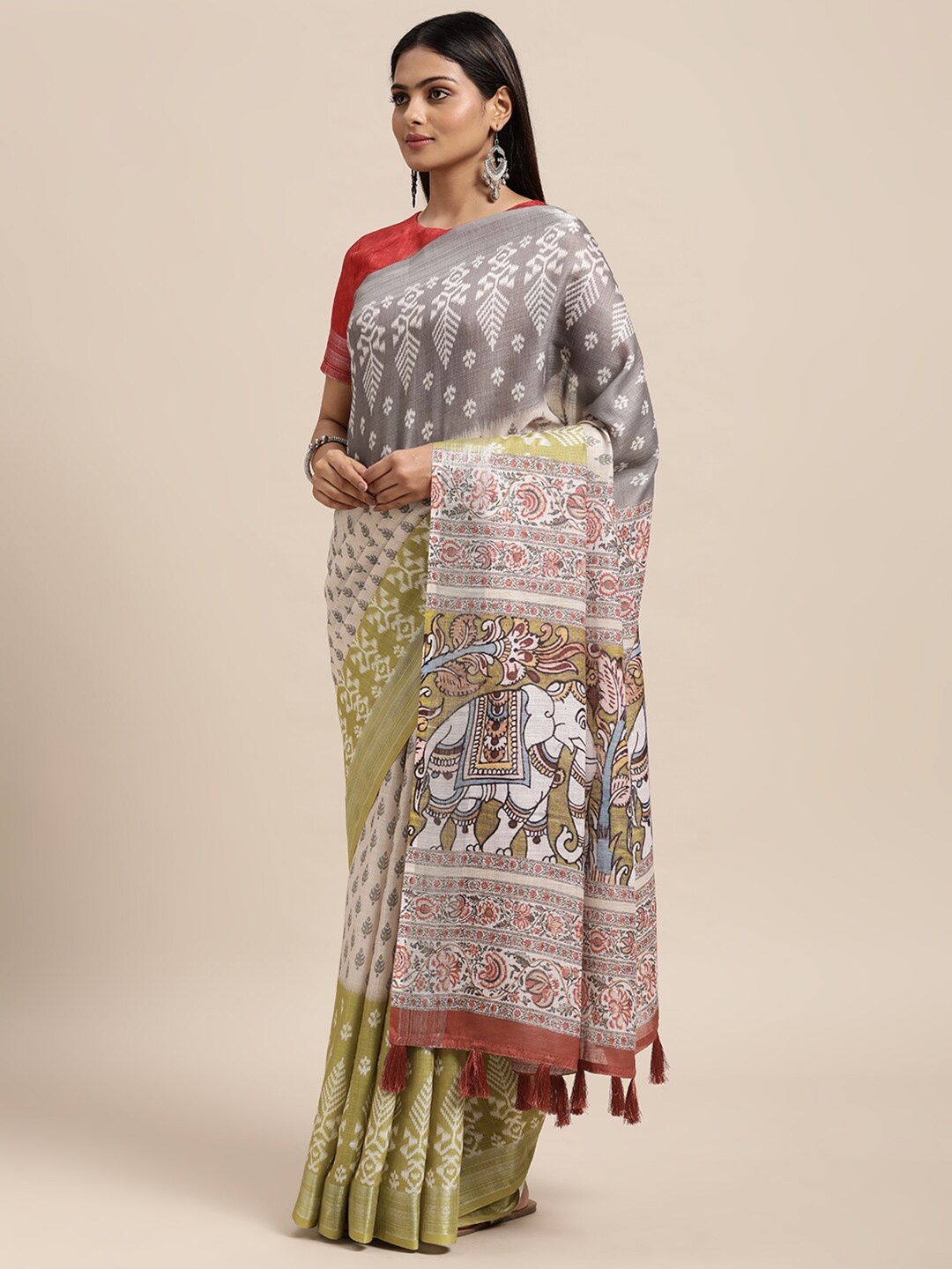 

Janasya Beige & Grey Printed Linen Blend Bagru Saree
