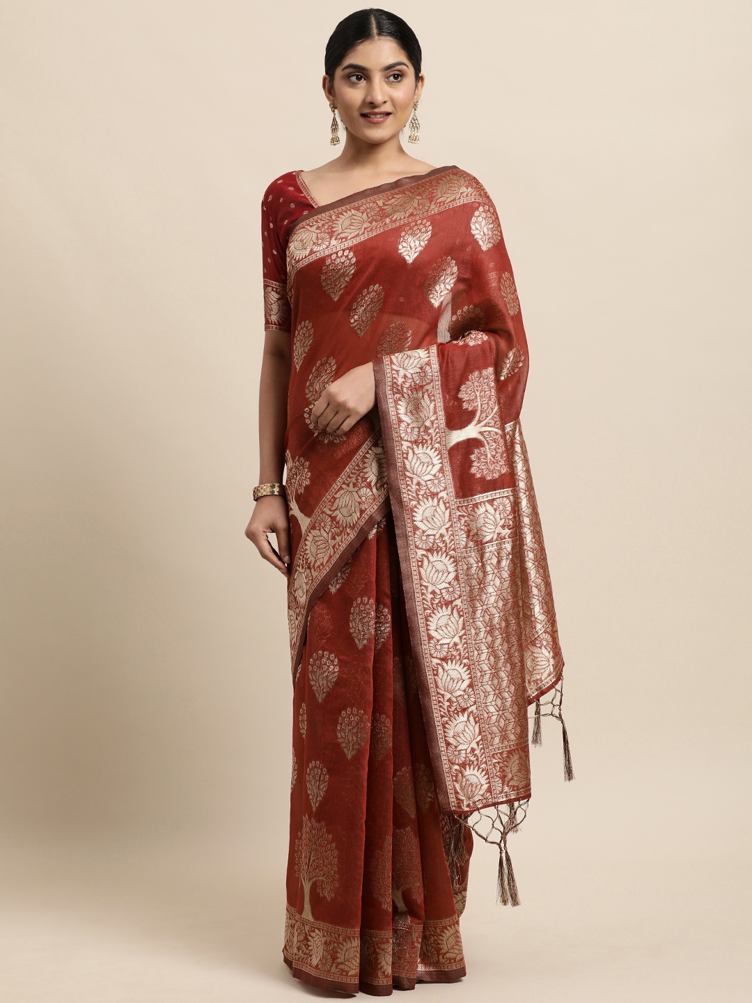 

Janasya Maroon Woven Design Linen Blend Heavy Work Banarasi Saree