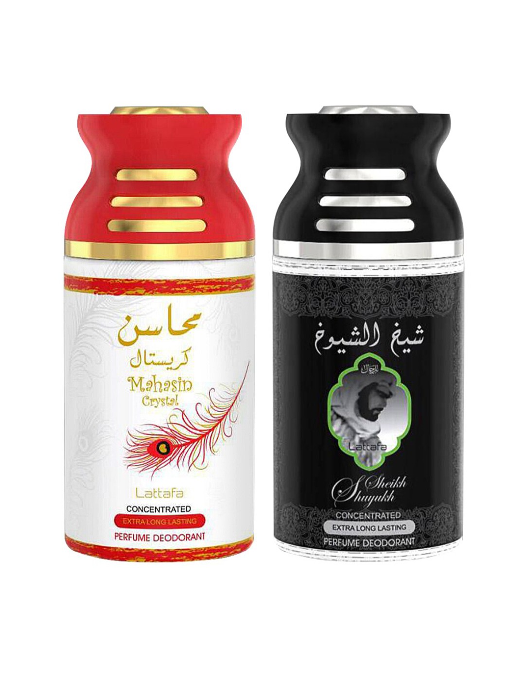 

Lattafa Mahasin Pack Of 2 Crystal & Sheik Al Shuyukh Perfumed Deodorant Bodyspray 250ml, White