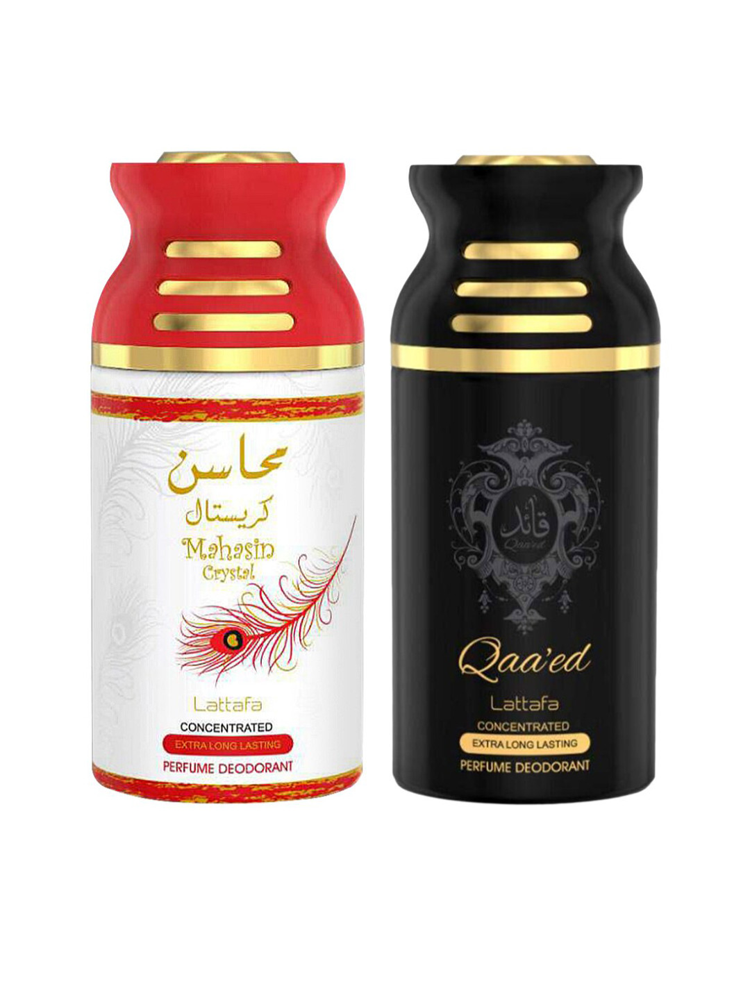 

Lattafa Pack of 2 Mahasin Crystal & Qaeed Perfumed Deodorant BodySpray-250ml each, White