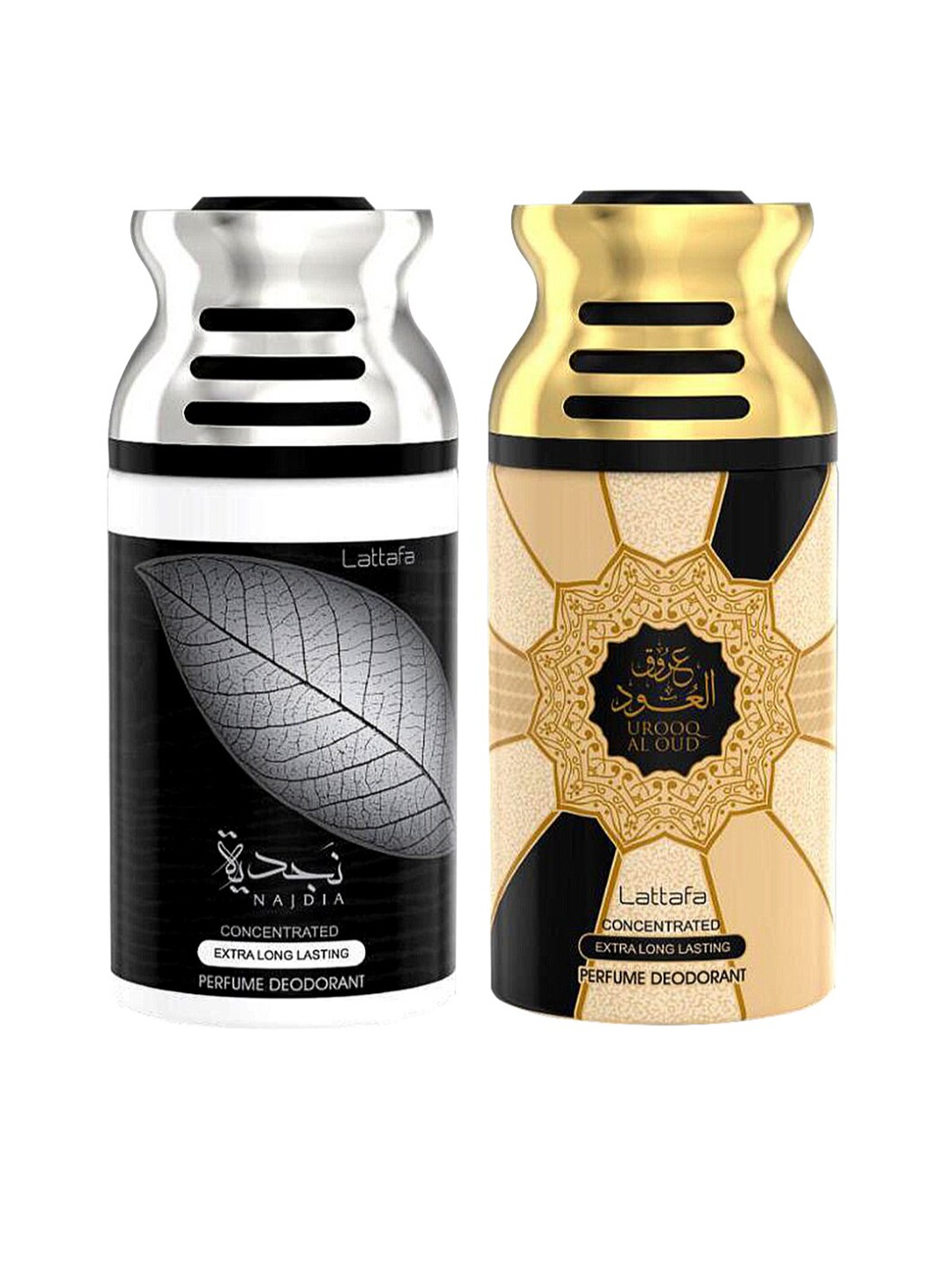 

Lattafa Unisex Pack of 2 Najdia & Urooq Al Oud Perfumed Deodorant BodySpray 250ml, Black
