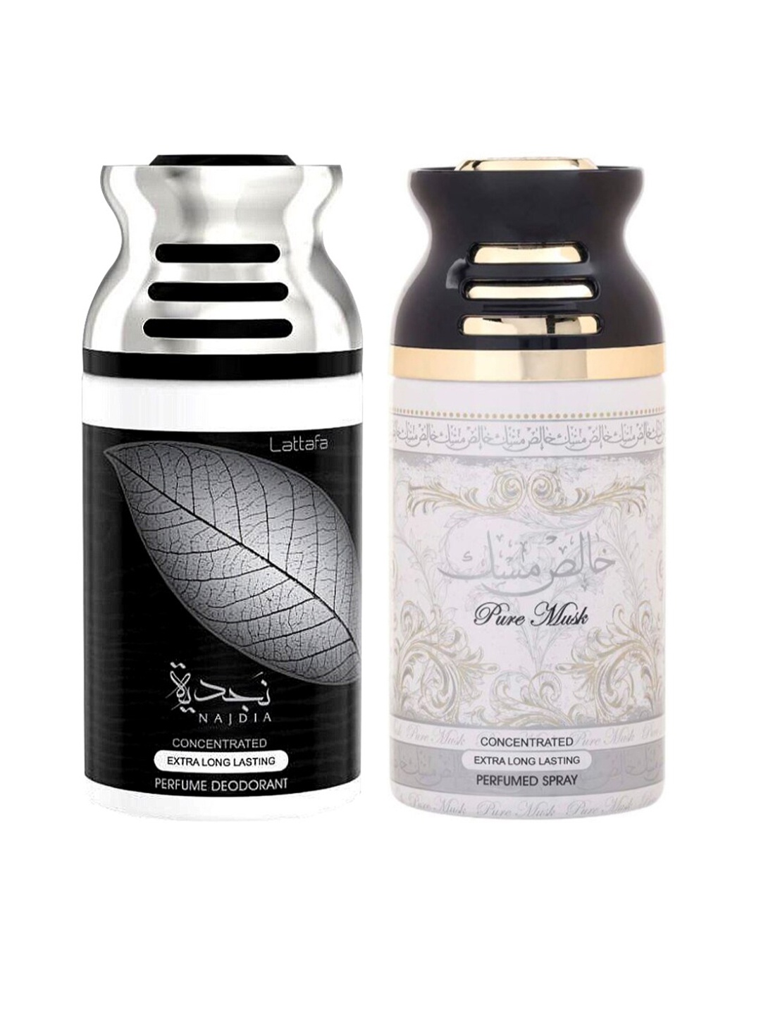

Lattafa Set Of 2 Black Najdia & Pure Musk Deodorant Body Spray 250ml