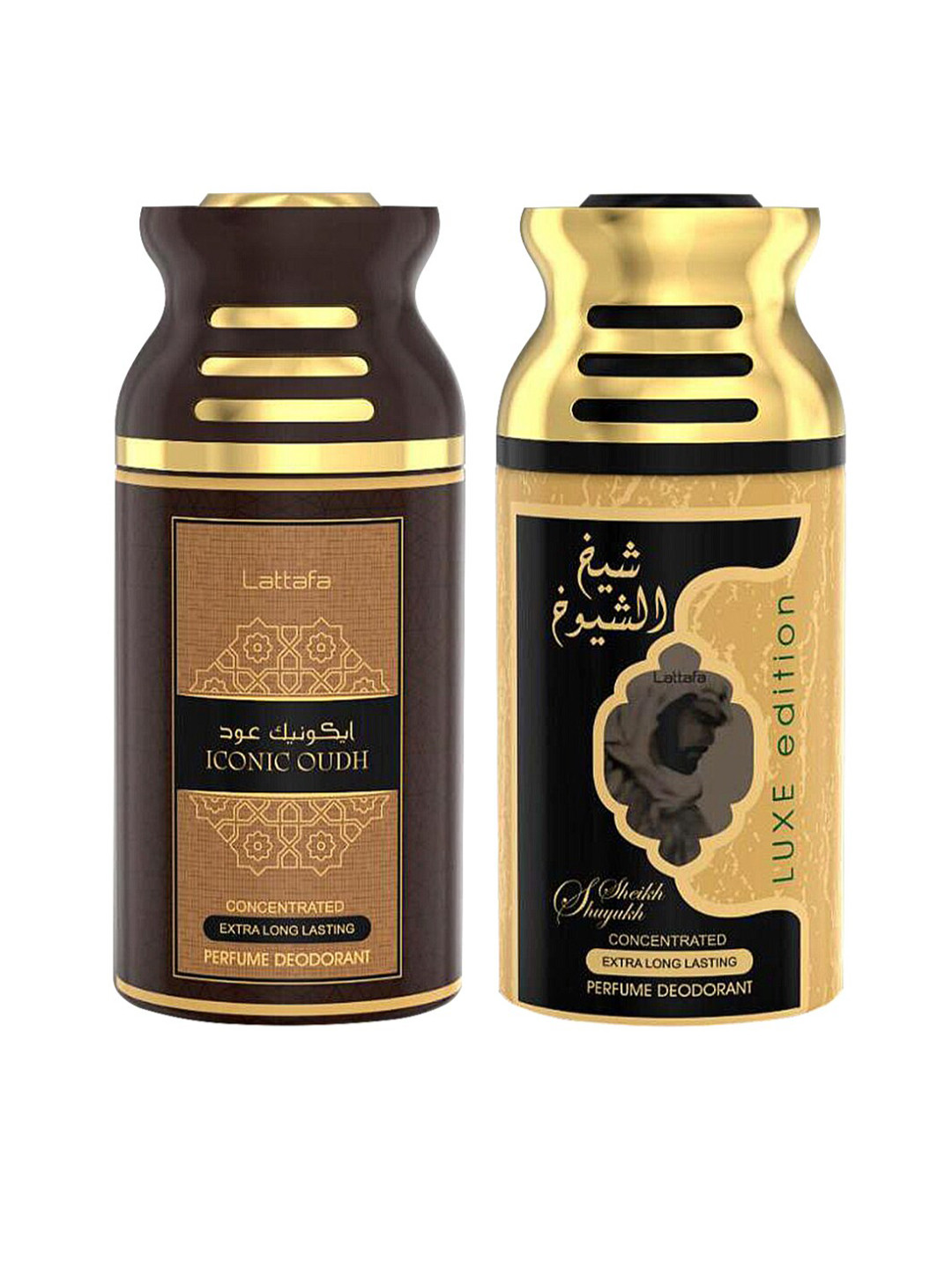 

Lattafa Set Of 2 Iconic Oudh & Sheik Al Shuyukh Luxe Edition Deodorant Body Spray 250ml, Brown