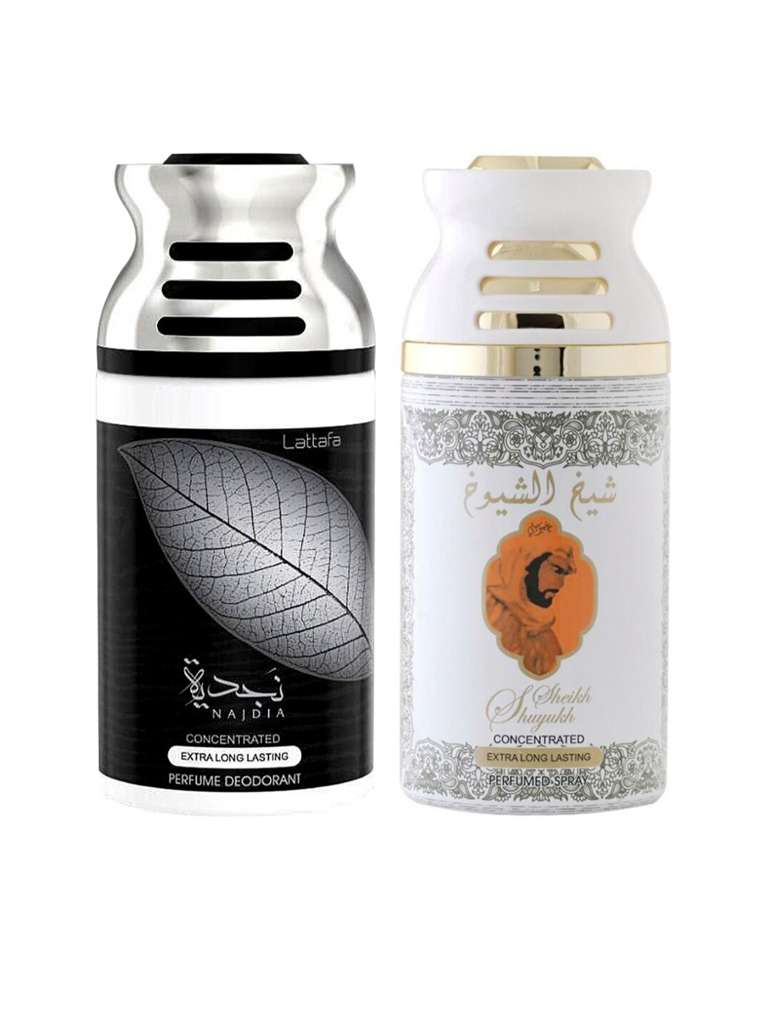 

Lattafa Pack Of 2 Najdia & Sheik Al Shuyukh Kususi Perfumed Deodorant Bodyspray 250ml, Black