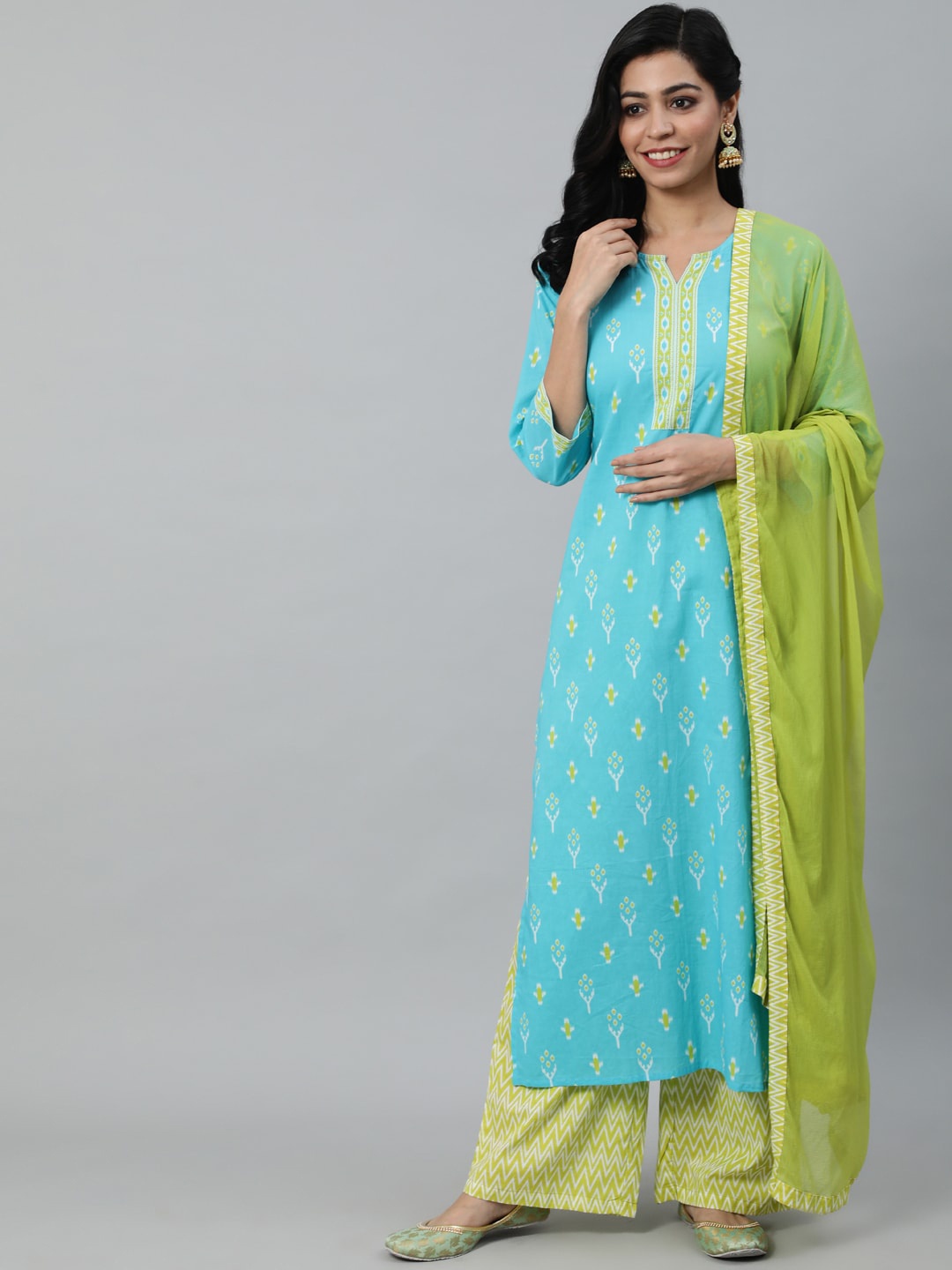 

Nayo Women Blue & Yellow Printed Pure Cotton Kurta with Palazzo &Dupatta