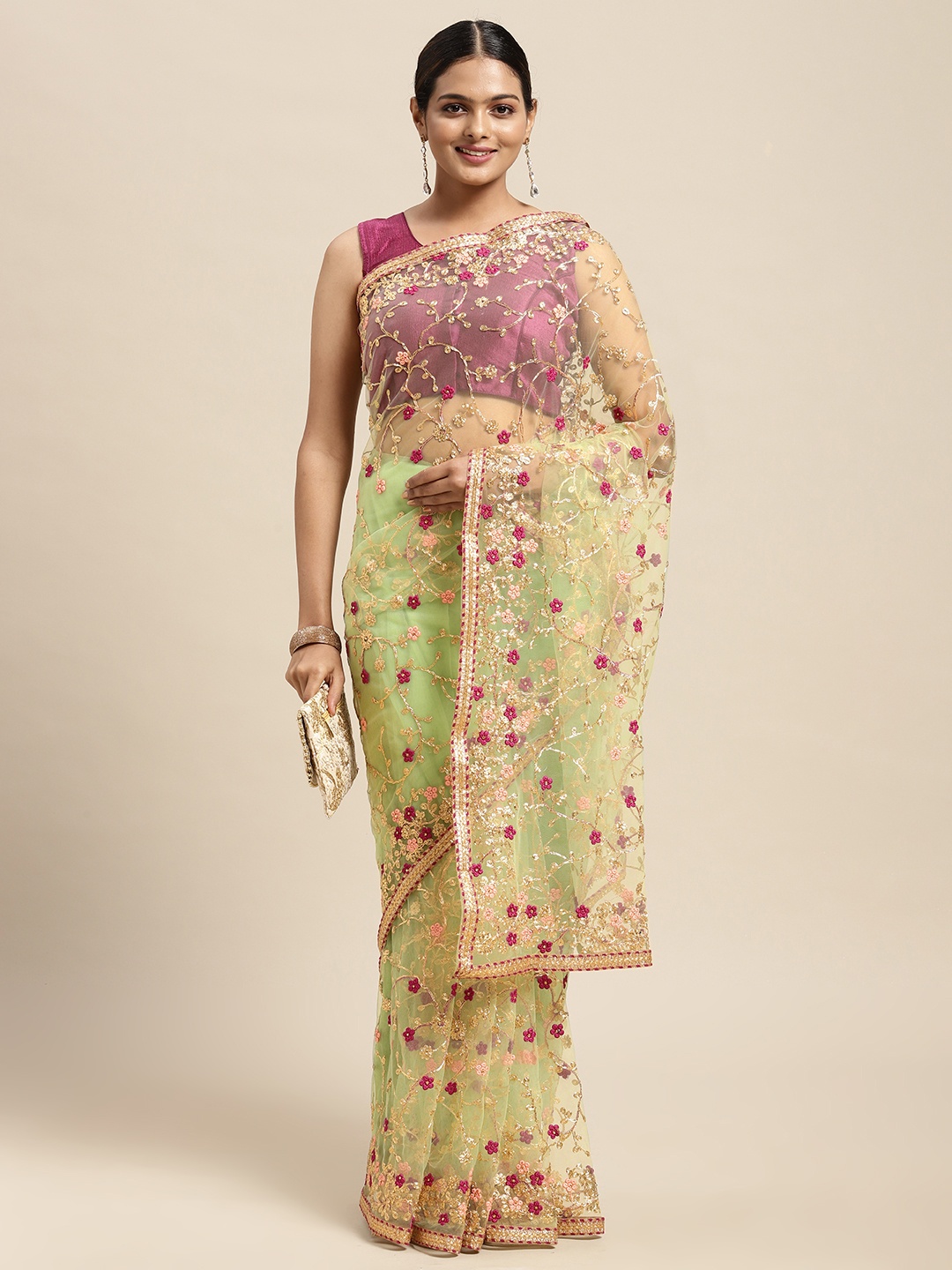 

Mitera Green Floral Beads and Stones Net Ready to Wear Saree