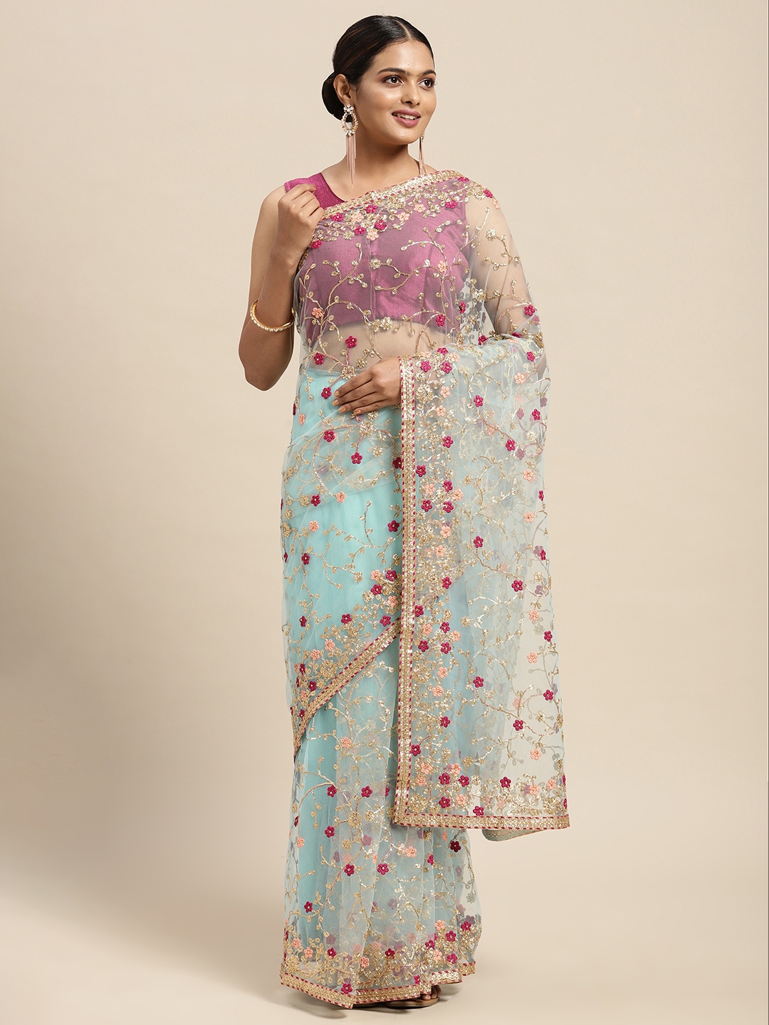 

Mitera Blue Floral Beads and Stones Net Ready to Wear Saree