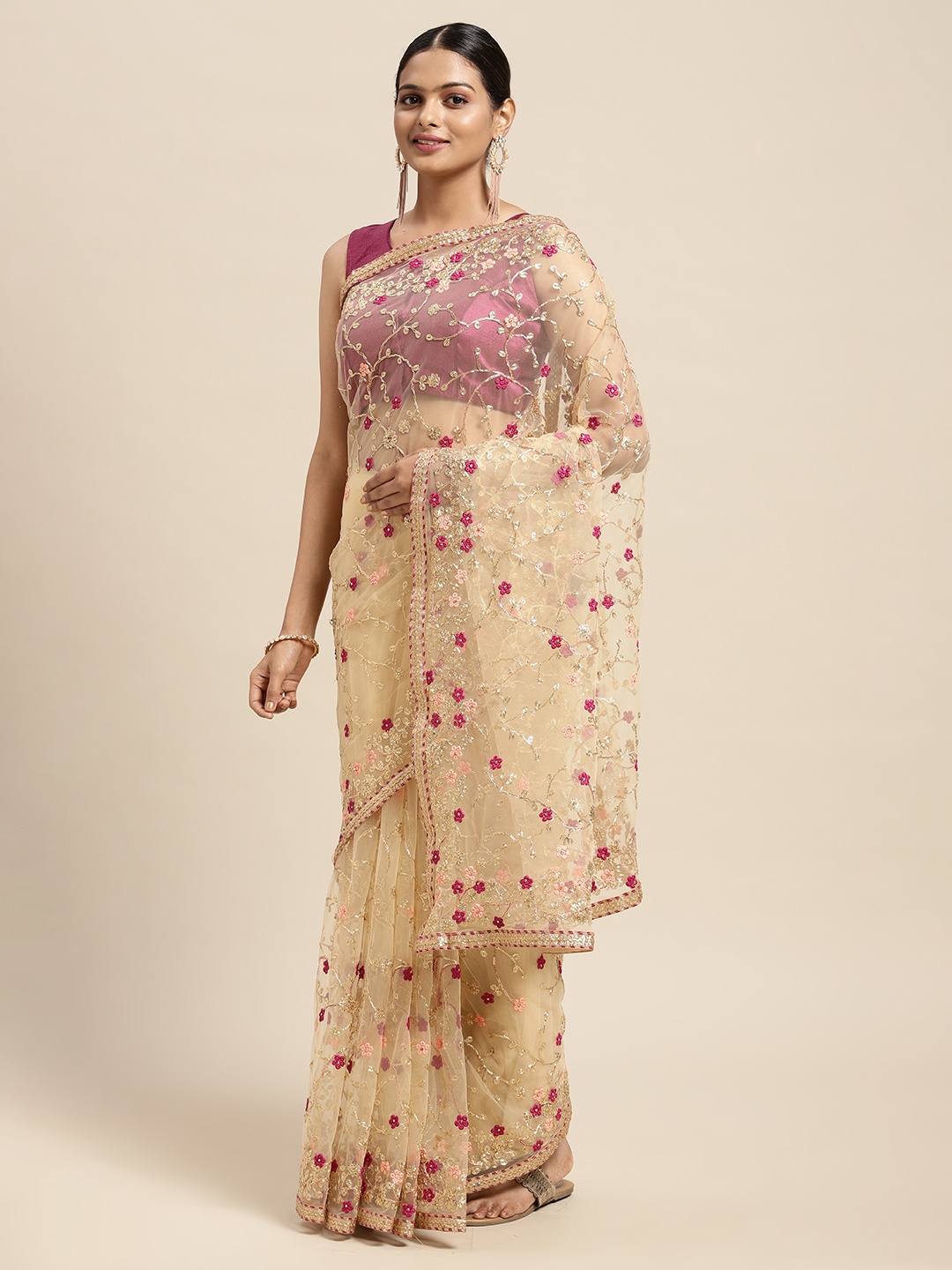 

Mitera Cream-Coloured Floral Beads and Stones Net Ready to Wear Saree