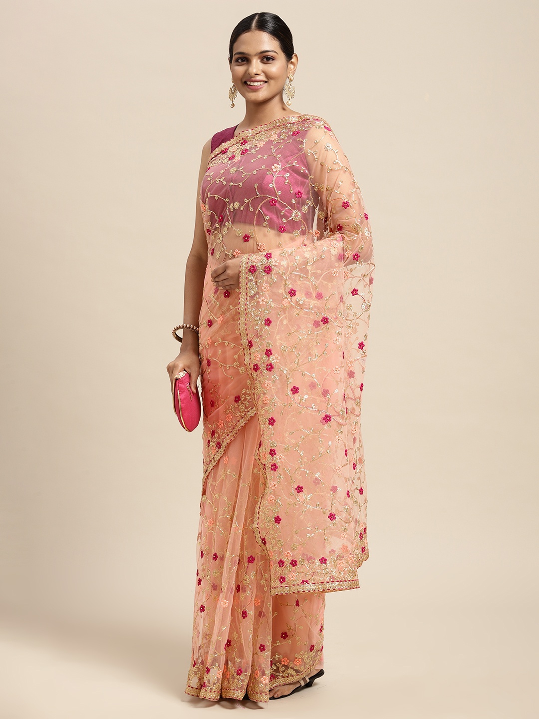 

Mitera Pink Floral Beads and Stones Net Saree