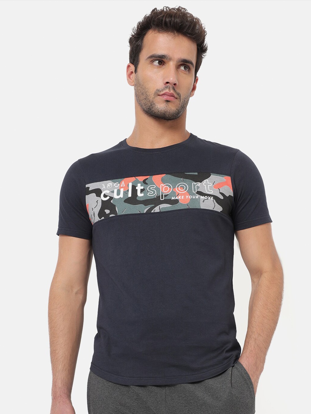 

Cultsport Men Navy Blue Camouflage Printed Pure Cotton Vitals Lifestyle T-Shirt