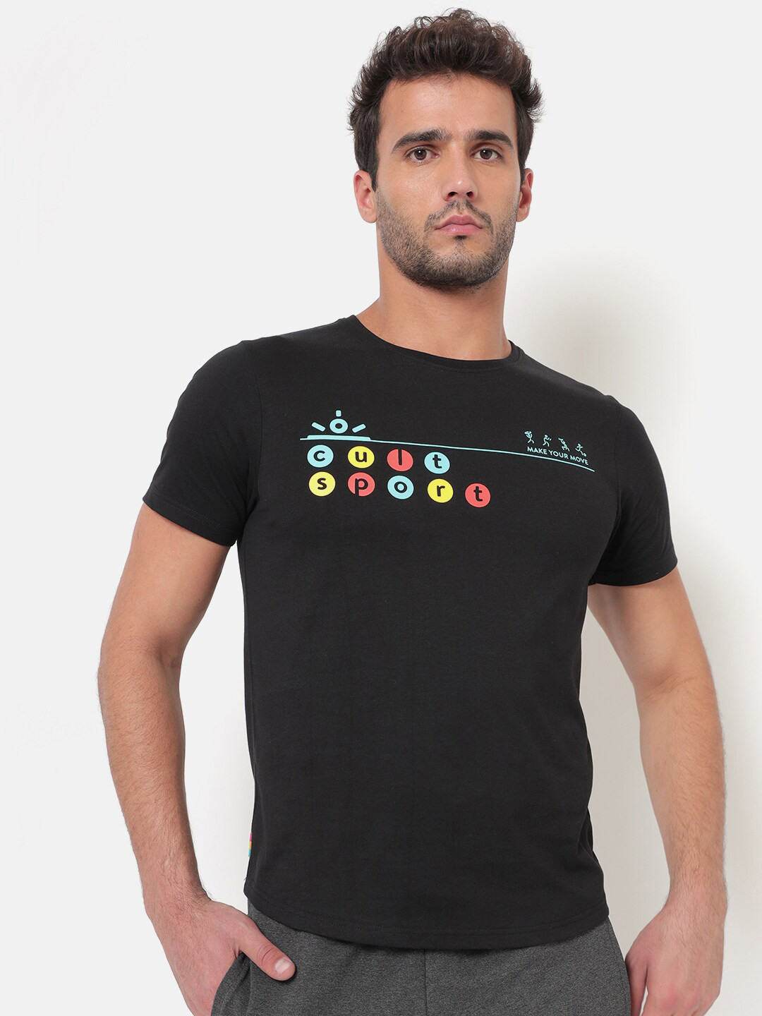 

Cultsport Men Black Brand Logo Printed Vitals Running T-shirt