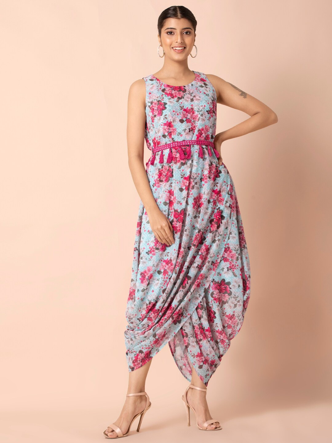 

INDYA Woman Blue & Pink Floral Belted Side Cowl Dress