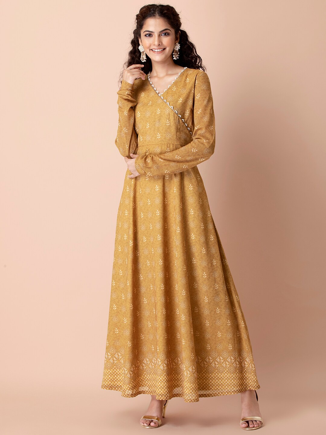 

INDYA Women Yellow Ethnic Motifs Printed Georgette Anarkali Kurta