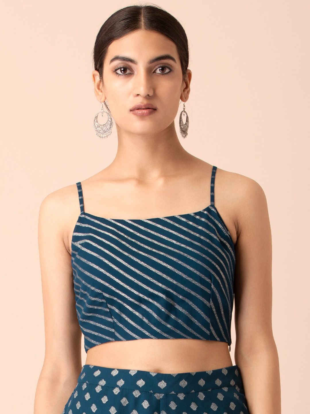 

INDYA Blue & White Striped Georgette Fitted Crop Top