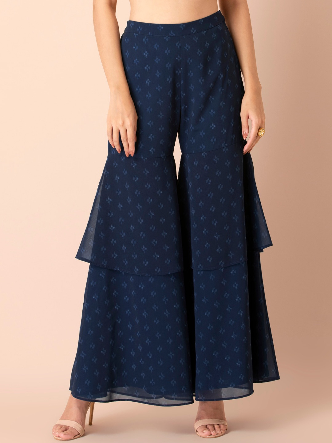 

INDYA Women Navy Blue Parallel Printed Ruffled Trousers