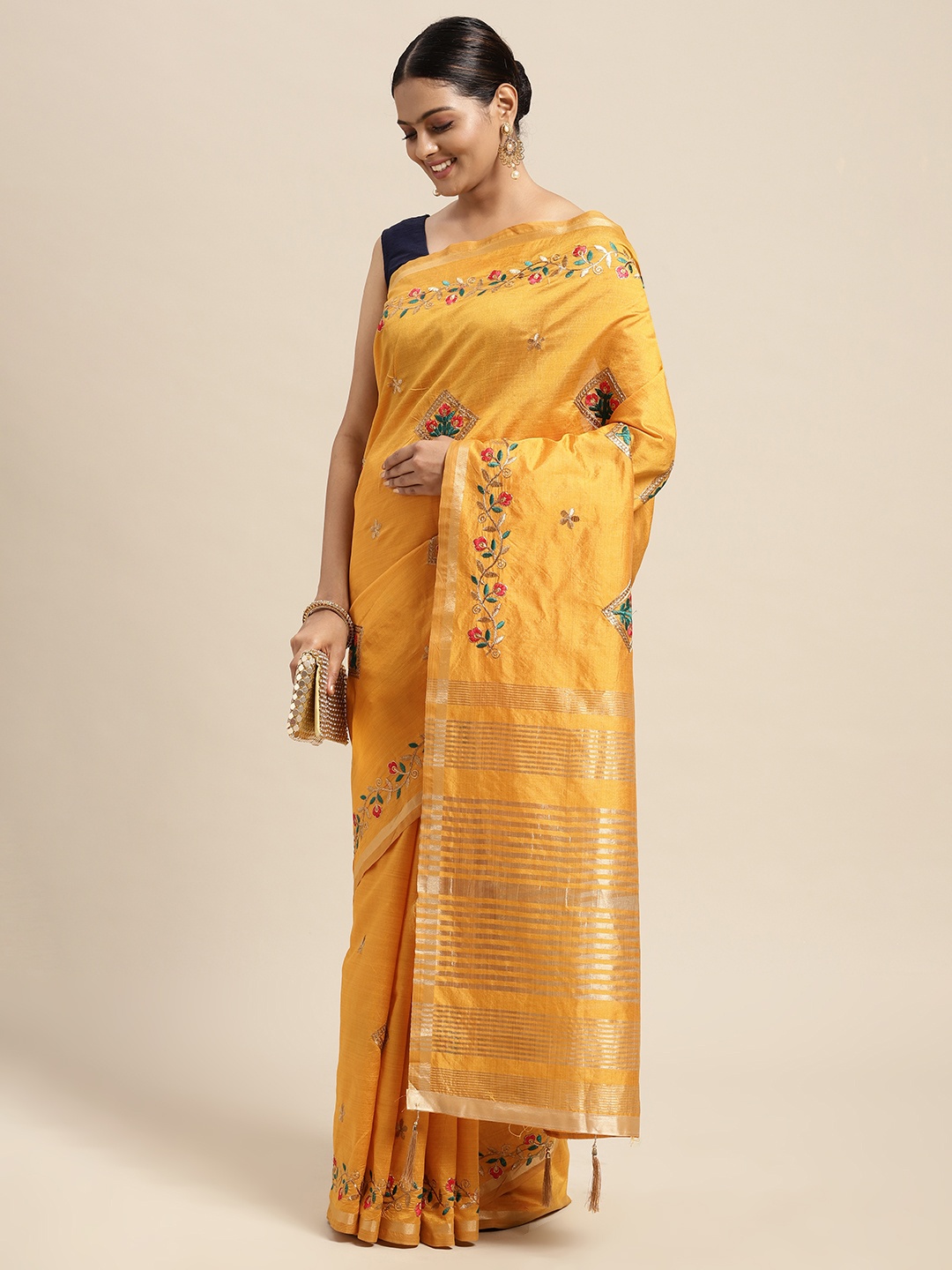 

Mitera Yellow Floral Beads and Stones Assam Silk Blend Saree