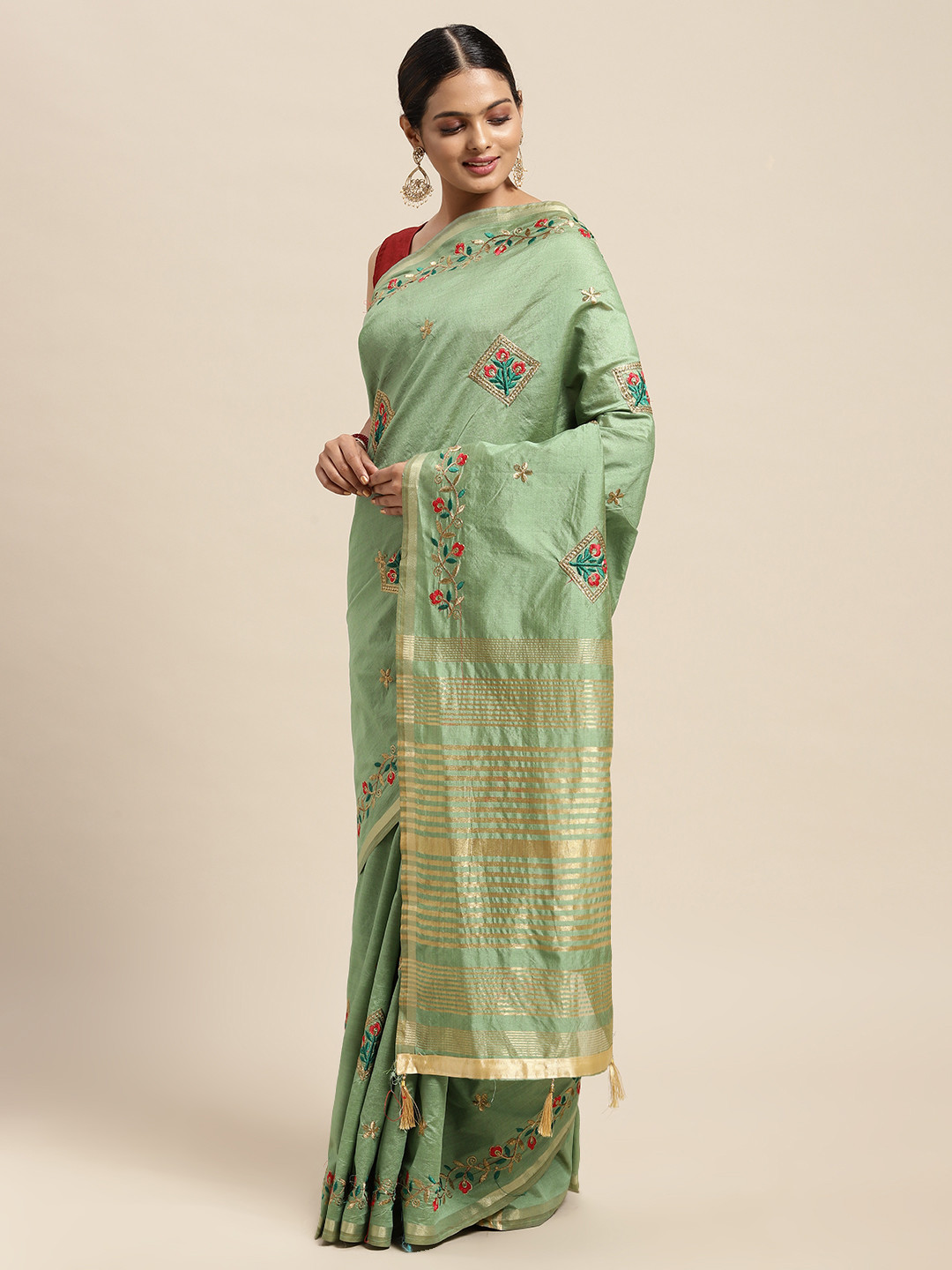 

Mitera Green Floral Beads and Stones Assam Silk Blend Saree