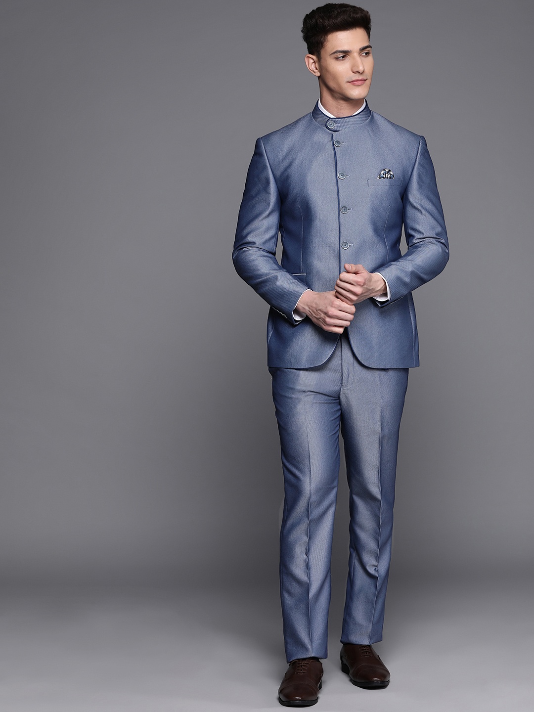 

Manu Men Blue Design Single-Breasted Bandhgala Suit