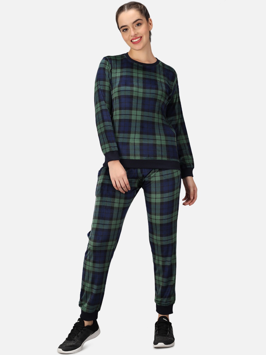 

ANTI CULTURE Women Blue & Green Checked Cotton Tracksuit