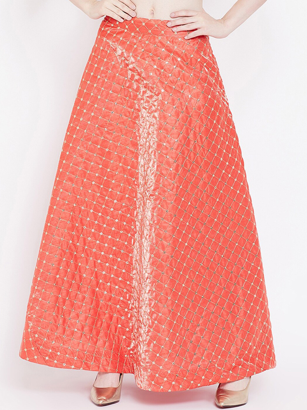 

studio rasa Women Coral & Gold-Toned Embroidered Maxi Skirt