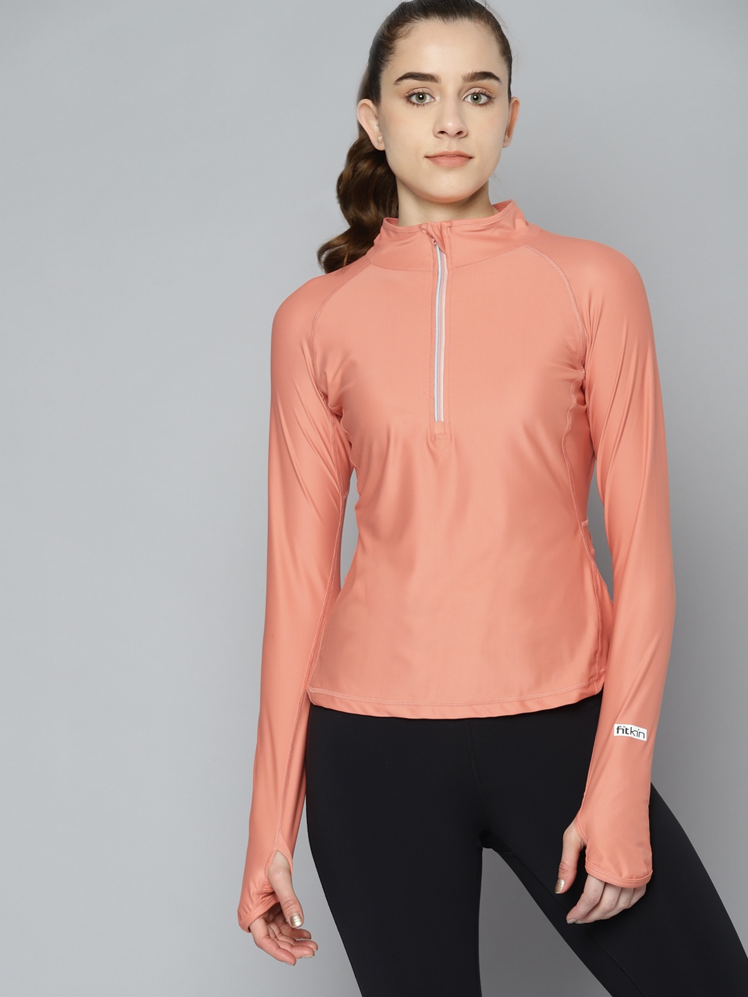 

Fitkin Women Peach-Coloured High Neck Training or Gym T-shirt