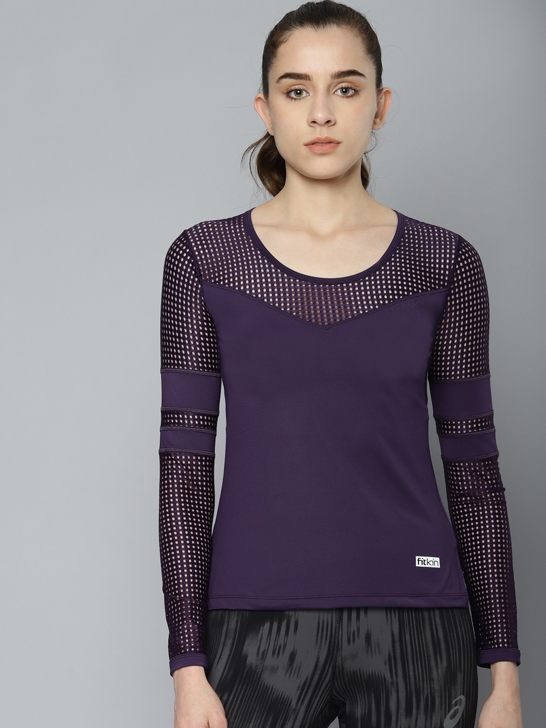 

Fitkin Women Active Purple Training Mesh Panel Top