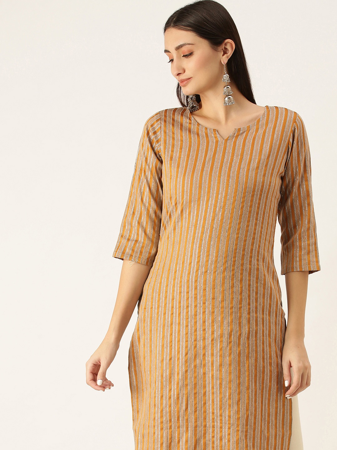 

Saanjh Mustard Yellow Striped Kurti