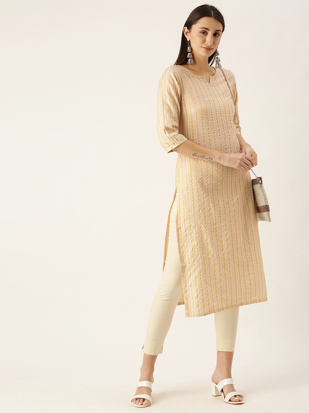 

Saanjh Cream-Coloured Striped Kurti