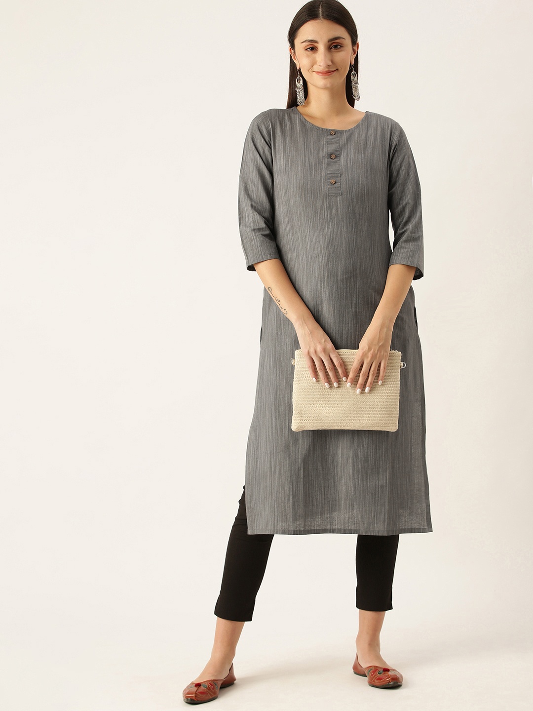 

Saanjh Grey Round Neck Straight Kurti