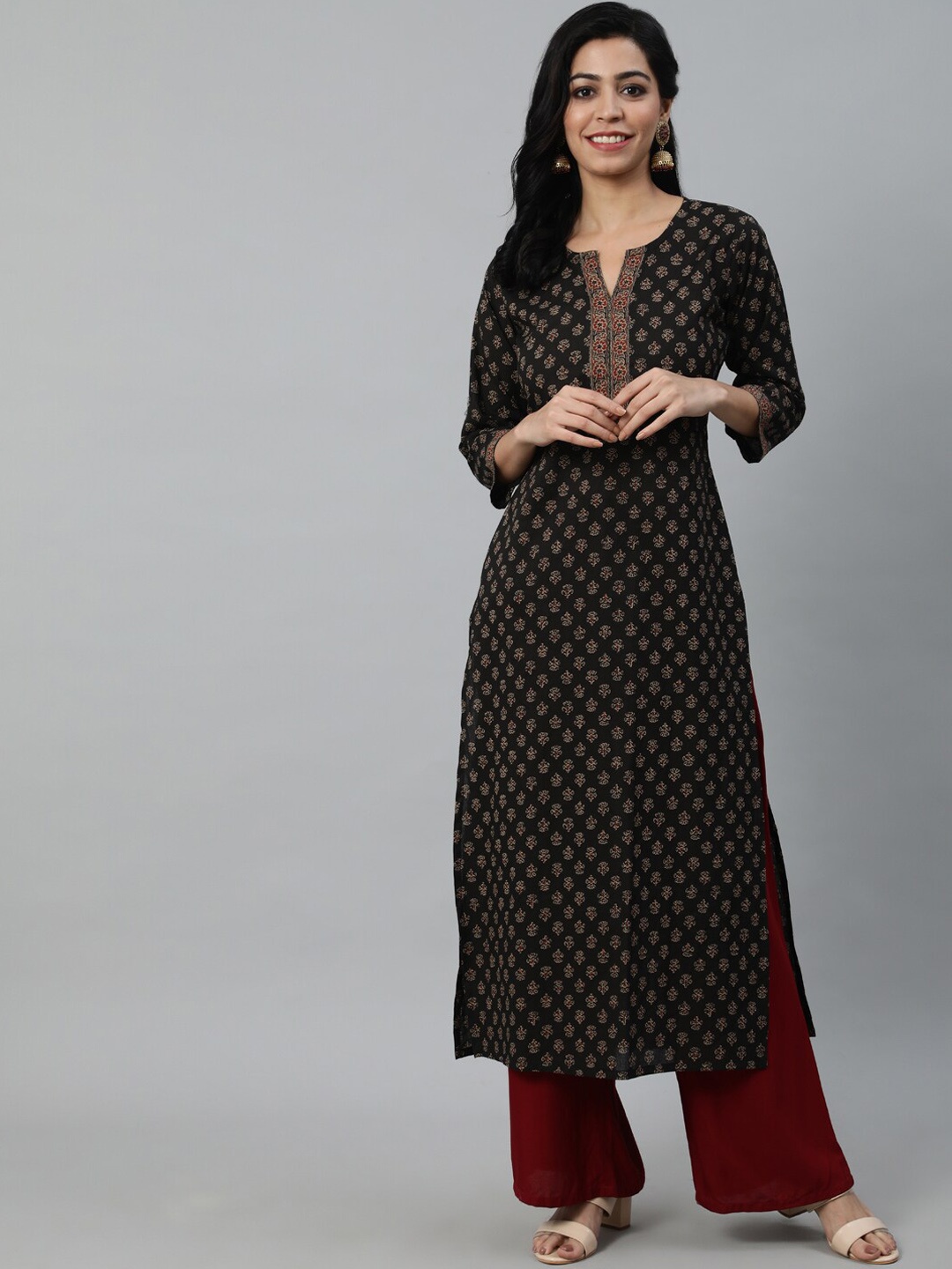 

Nayo Women Olive Brown Ethnic Motifs Printed Cotton Kurta